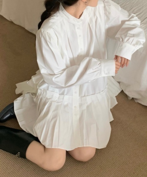 ブラウス シャツ プリーツ切り替えバンドカラー前あきブラウス レディース deux amour ブラウス シャツ プリーツ切り替えバンドカラー前