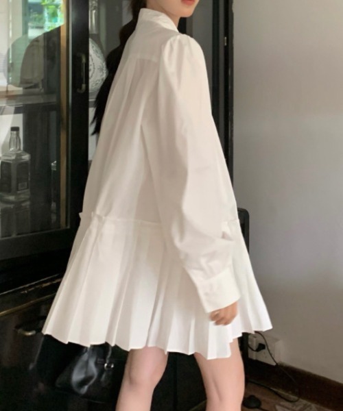 ブラウス シャツ プリーツ切り替えバンドカラー前あきブラウス レディース deux amour ブラウス シャツ プリーツ切り替えバンドカラー前