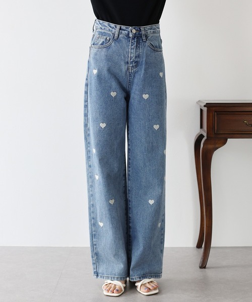 BLUEEAST ジーンズ デニム デニムパンツ ハート刺繍ワイドデニム