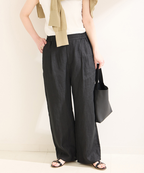 CAHLUMN リネン 黒パンツ ウエスト調整可能 B.C STOCK パンツ 「追加」フレンチリネンパンツ レディース