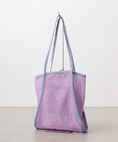ピンク メッシュ編み トートバッグ ロゴ付き Logo Tape Mesh Tote Bag
