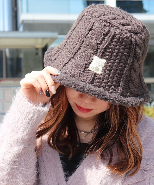 moz（モズ） 帽子 ハット (LF)「moz」ケーブルニット × ボア バケット