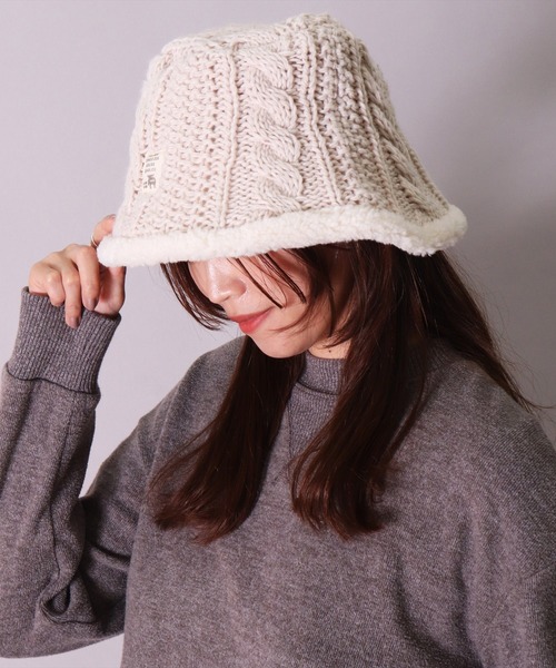 moz（モズ） 帽子 ハット (LF)「moz」ケーブルニット × ボア バケット