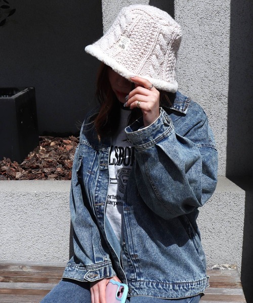 moz（モズ） 帽子 ハット (LF)「moz」ケーブルニット × ボア バケット