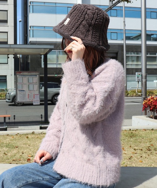 moz（モズ） 帽子 ハット (LF)「moz」ケーブルニット × ボア バケット