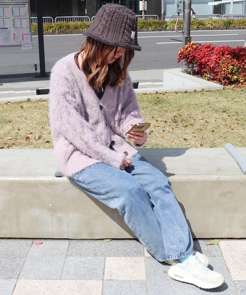 moz（モズ） 帽子 ハット (LF)「moz」ケーブルニット × ボア バケット