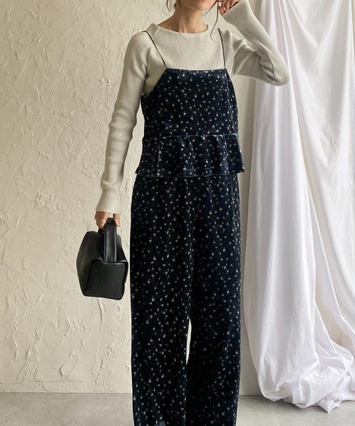 She's Closet セットアップ フレア切り替え花柄ベロアキャミソール