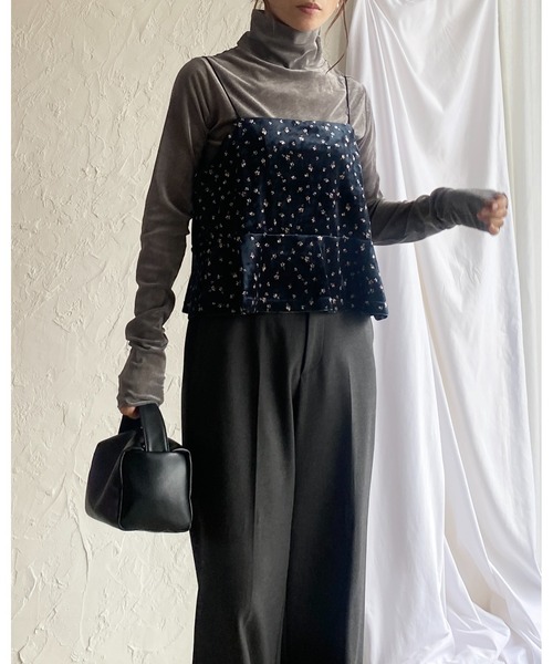 She's Closet セットアップ フレア切り替え花柄ベロアキャミソール