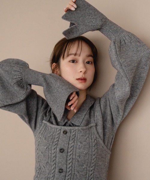 ちゃ　mideal ケーブルニットルーズシャツアンサンブル グレー cable knit loose shirt ensemble / ケーブルニットルーズシャツ
