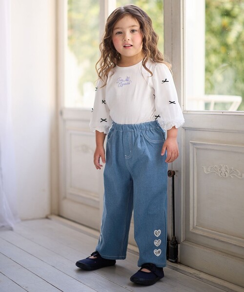 ANMARY リボン付き半袖Tシャツ any FAM tシャツ リボン×チュール 七分袖Tシャツ キッズ 子供服