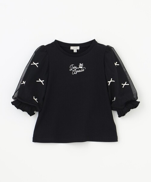 ANMARY リボン付き半袖Tシャツ any FAM tシャツ リボン×チュール 七分袖Tシャツ キッズ 子供服