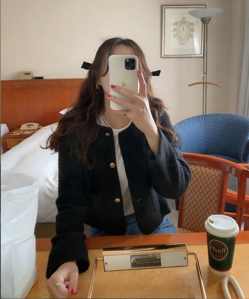 「LAUIR」 ノーカラージャケット MEDIUM ブラック レディース_画像7