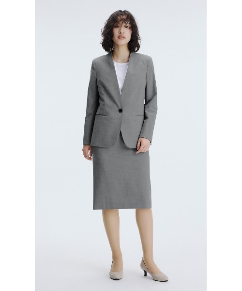 182GLR21AW手洗可防皺ノーカラージャケットスカートスーツ40グレー レディーススーツ】スカートスーツ（キーネックノーカラージャケット＋