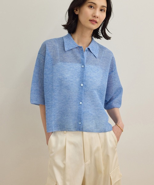 カーディガン 「洗える」シアークロップドポロニット レディース ROPE' カーディガン 「洗える」シアークロップドポロニット