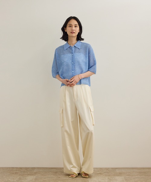 カーディガン 「洗える」シアークロップドポロニット レディース ROPE' カーディガン 「洗える」シアークロップドポロニット