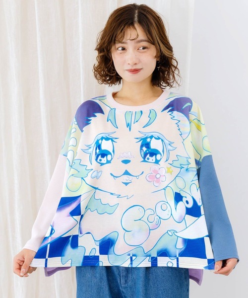 tシャツ 152633：アニメなネコ柄 バイカラー7分袖プルオーバー レディース
