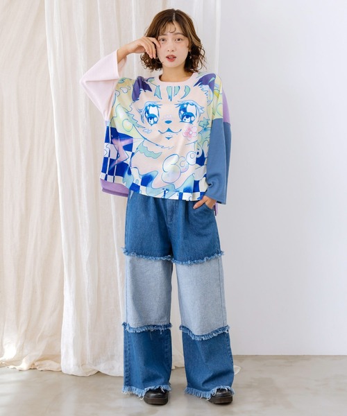 tシャツ 152633：アニメなネコ柄 バイカラー7分袖プルオーバー レディース 152633：アニメなネコ柄 バイカラー7分袖プルオーバーの通販-ScoLar