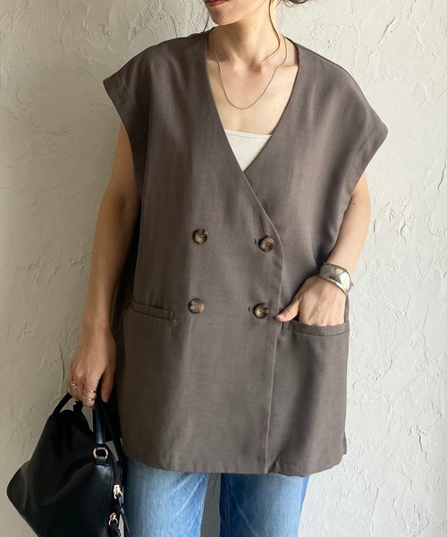She's Closet ベスト ジレ リネンタッチ深Vネックフレンチ