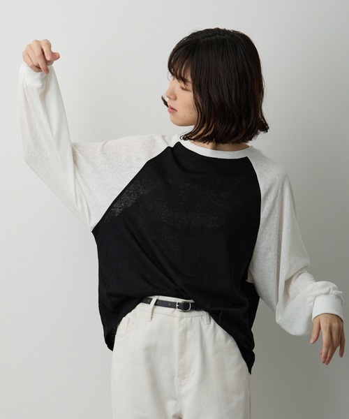 tシャツ 透かし編みラグラン配色ロンT レディース tシャツ 透かし編みラグラン配色ロンT レディース : ZOZOTOWN