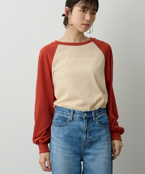 tシャツ 透かし編みラグラン配色ロンT レディース