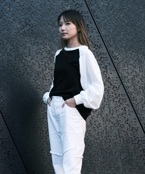 RE. 仲里依紗 配色ラグランロンT Lipoy tシャツ 透かし編みラグラン配色ロンT レディース : ZOZOTOWN