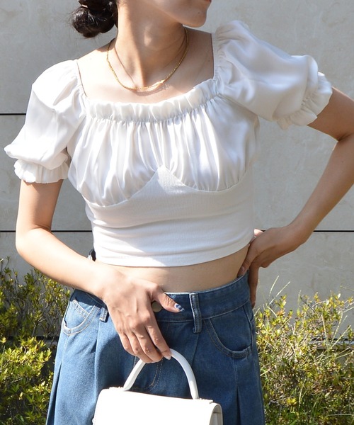 ブラウス シャツ ギャザーパフスリーブトップス レディース