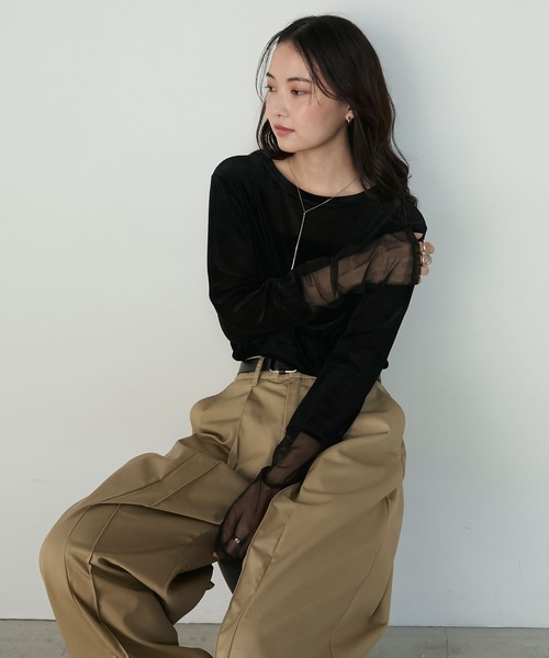 forksy.（フォルクシー） tシャツ 「forksy.」袖シャーリング ベロア