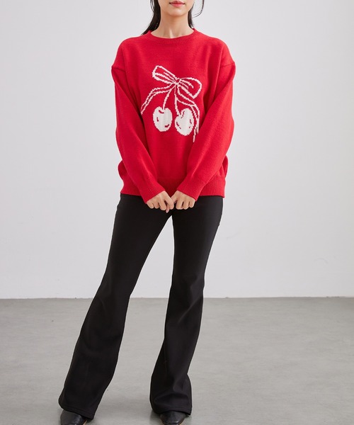 【レッド】エンボス加工ウールライククルーネックニットプルオーバー <LADIES LINE> (LADIES) Lace Ladies（レースレディース） ニット セーター チェリー柄 配色