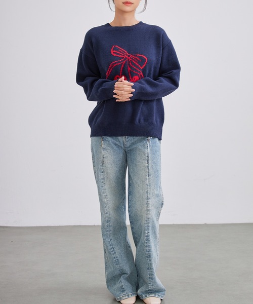 ネイビー チェリー柄 セーター Mニット新品未使用 Lace Ladies（レースレディース） ニット セーター チェリー柄 配色