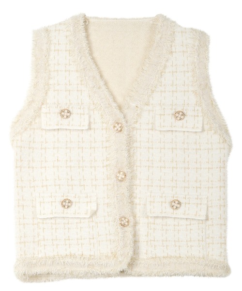 【アドーア】ツィーディー ニットベスト フリンジ 38 ノースリーブ ベスト KOBE LETTUCE（神戸レタス） ベスト ジレ ツイード風フリンジ