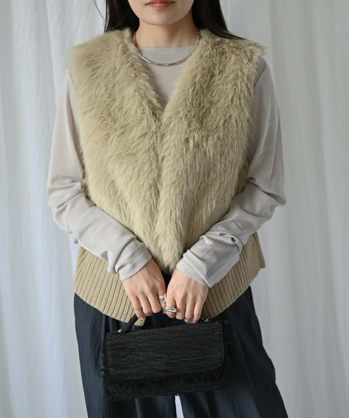 INÉD グレー ファーニットジレ サイズ9 ベスト ジレ ニットフード