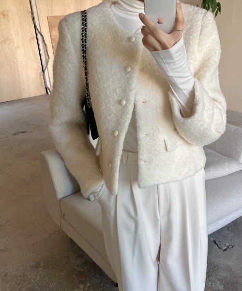 emi+ ジャケット ノーカラージャケット ノーカラーショート丈