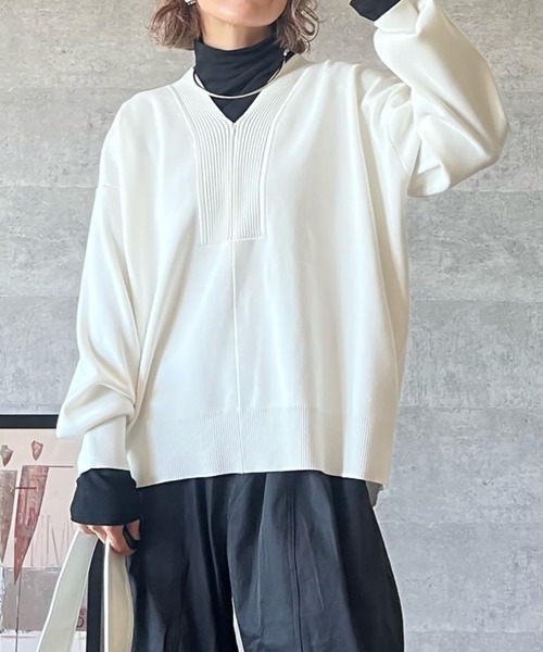 ドゥーズィエムクラス✨ウール　ケーブルVネックプルオーバー　ニット　ゆったり　白 Deuxieme Classe（ドゥーズィエムクラス）の「Code Lily Vネックプル