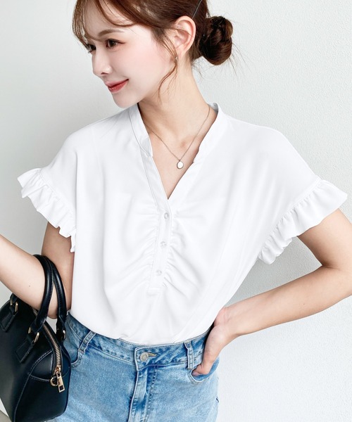 moment+ リネンシャツ ブラウス シャツ 厚手シフォンキーネック