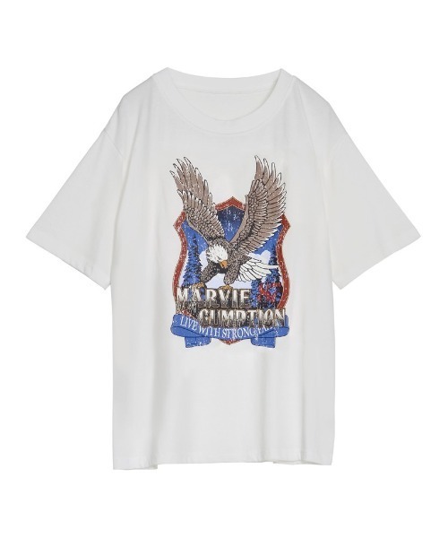 人気！EMPORIO イーグルロゴ コットンTシャツ バックプリント付 Re:EDIT tシャツ コットンイーグルプリントヴィンテージライクT