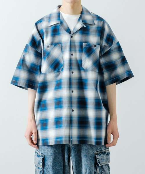 90s オンブレチェックシャツ 半袖 ブルー improves シャツ 半袖 オンブレ チェックシャツ メンズ