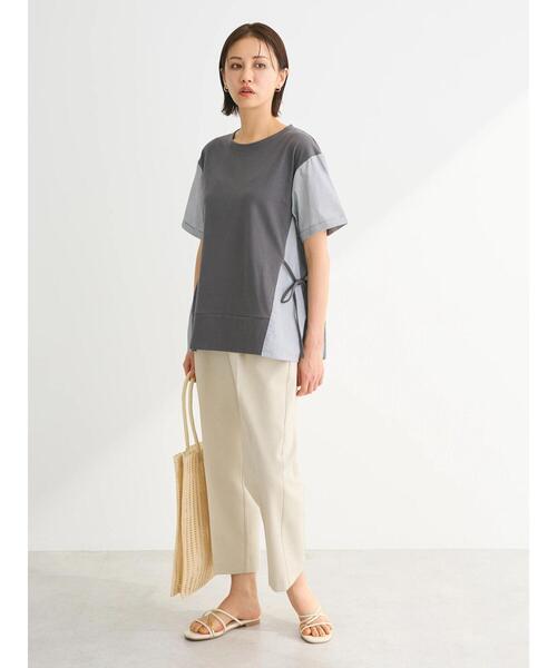 tシャツ 布帛ドッキングプルオーバー レディース Green Parks tシャツ 脇リボン5分袖布帛ドッキングプルオーバー