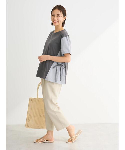 Green Parks tシャツ 脇リボン5分袖布帛ドッキングプルオーバー