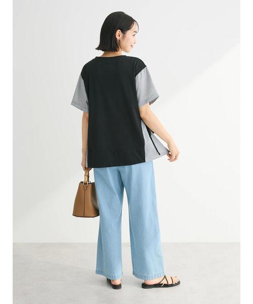 Green Parks tシャツ 脇リボン5分袖布帛ドッキングプルオーバー