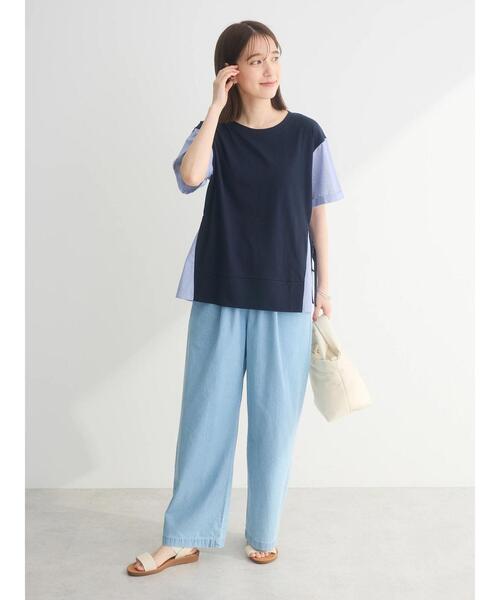 tシャツ ヘリンボーンストライプドッキングプルオーバー レディース Green Parks tシャツ 脇リボン5分袖布帛ドッキングプルオーバー