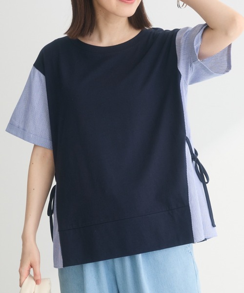 tシャツ 布帛ドッキングプルオーバー レディース Green Parks tシャツ 脇リボン5分袖布帛ドッキングプルオーバー