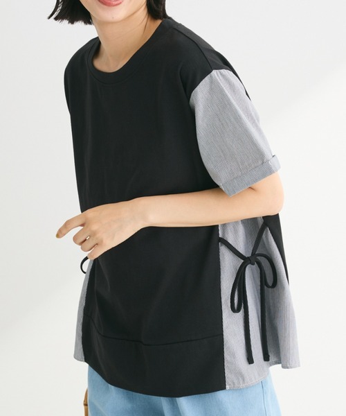 Green Parks tシャツ 脇リボン5分袖布帛ドッキングプルオーバー