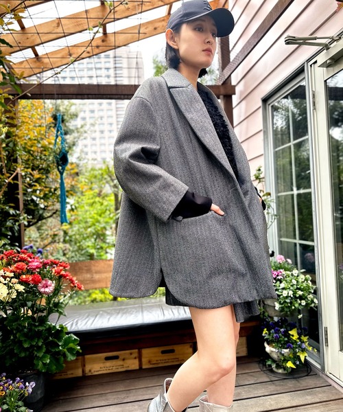 コート アウター ウールライクへリンボンオーバーコート レディース