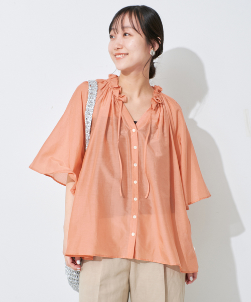 スローブイエナ シルク混フリルカラー5分袖ブラウス SLOBE IENA｜シルク混フリルカラー5分袖ブラウス | Rakuten