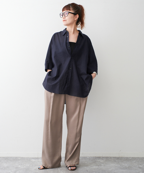 スピックアンドスパン◆洗えるアイリッシュリネン◆ゆったりストライプドルマンシャツ Spick＆Span ブラウス シャツ コットンリネンドルマンスリーブ