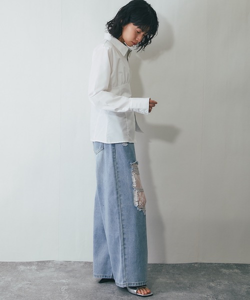 上下サイズ別ok◆送料込/追跡付◆レース刺繍♪ジーンズブルー pumpkin port ジーンズ デニム デニムパンツ ジルコン×花刺繍