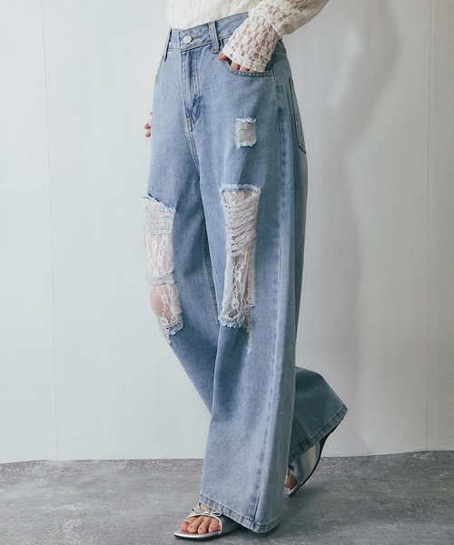 【SOLNI】レースワイドデニムパンツ レースワイドデニムパンツ ライトブルー | ファッション通販