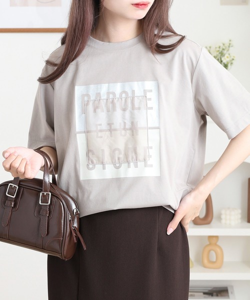 tシャツ EGLANTINE 箔プリントオーガンジーカットソー レディース
