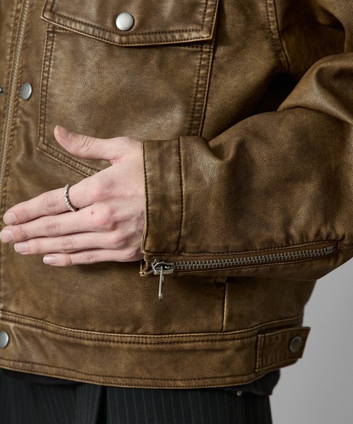 【完売品】ANDER HUNK フェイクレザージャケット ブラウン ダブルジップ フェイクレザー ダブルジップ ブルゾン[品番：AZ000004451]｜andme
