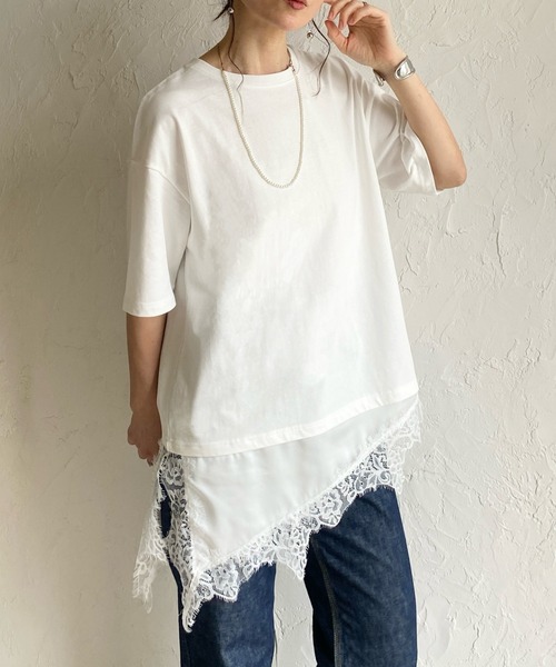 She's Closet tシャツ アシンメトリー 裾サテンレース ドッキング 半袖